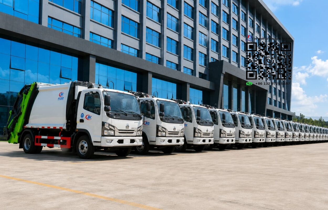 25 Dongfeng compactor garbage trucks lined up for a city cleaning project