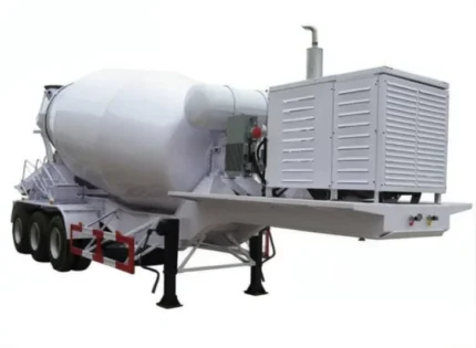 Side view of 3 axle 14CBM cement mixer drum semitrailer with skeletal I-beam chassis