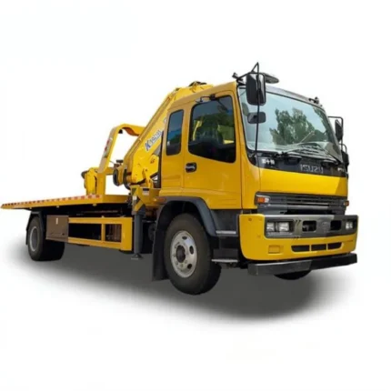 ISUZU FTR tilt tray wrecker with 5 ton crane attached to rear platform