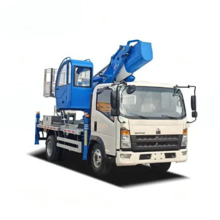 HOWO 28m aerial platform truck front three-quarter view showing the boom arm