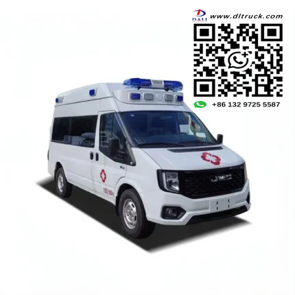 White isolation ambulance with Red Cross logo and colored striping all round