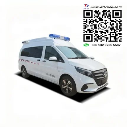 White Mercedes-Benz ambulance with Red Cross logo on side