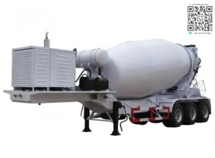 Close-up of T520JJ steel tank body and ball-shaped end plate on cement mixer trailer