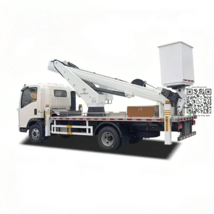 Elevated bucket of the 21m aerial work platform truck at working height