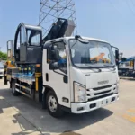 Front view of 30-meter telescopic aerial lift truck with outriggers deployed