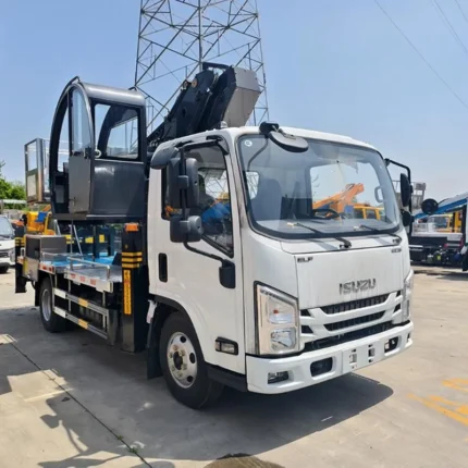 Front view of 30-meter telescopic aerial lift truck with outriggers deployed