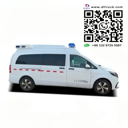 Rear view of compact ambulance with colorful warning strips