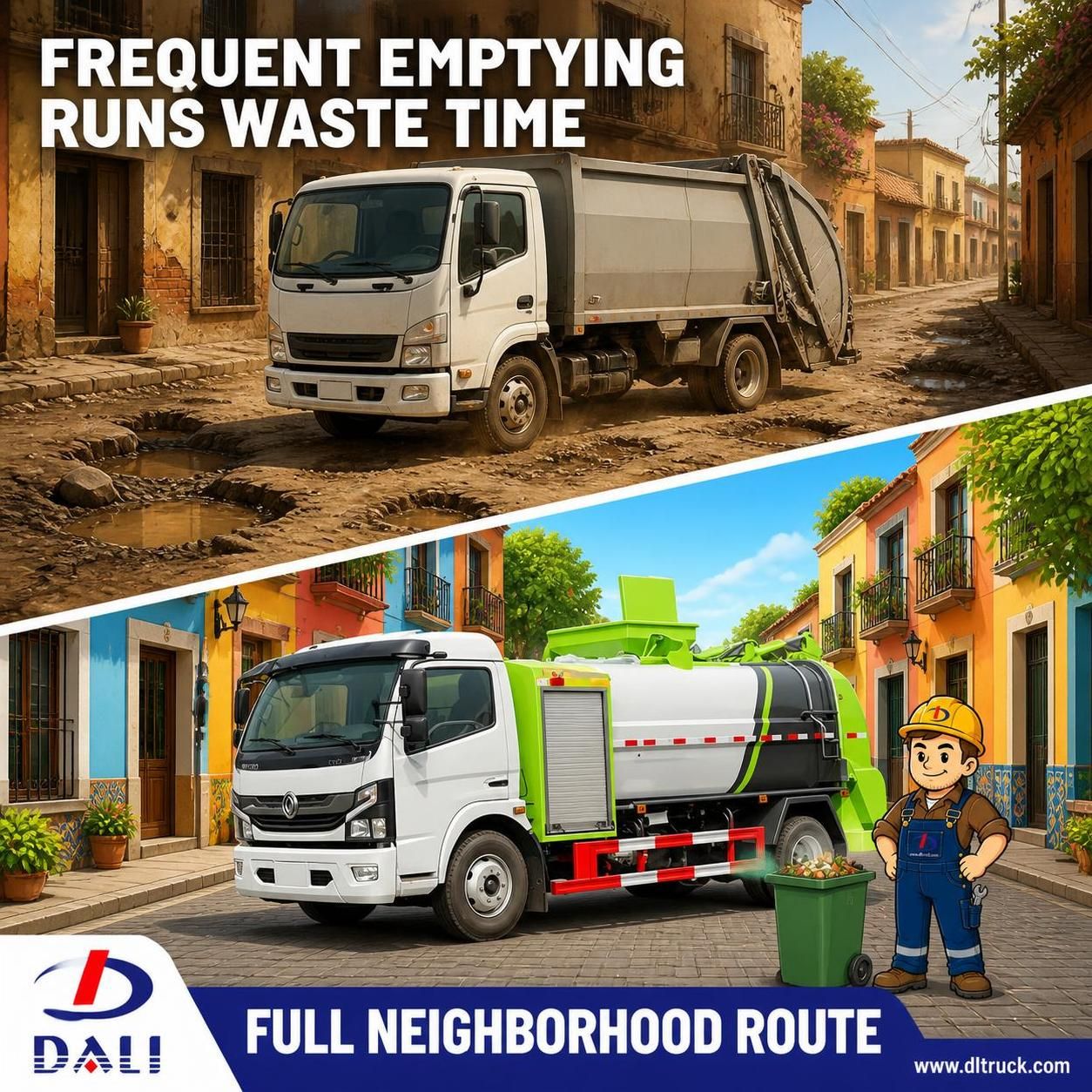 Kitchen Waste Collection Truck with Bin Lifter and Compression System - pain point 1 ad image