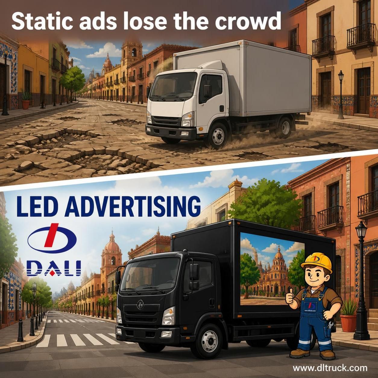 LED Advertising Truck Mobile Billboard with 3-Side Screen Hydraulic Lift Generator Powered - pain point 1 ad image